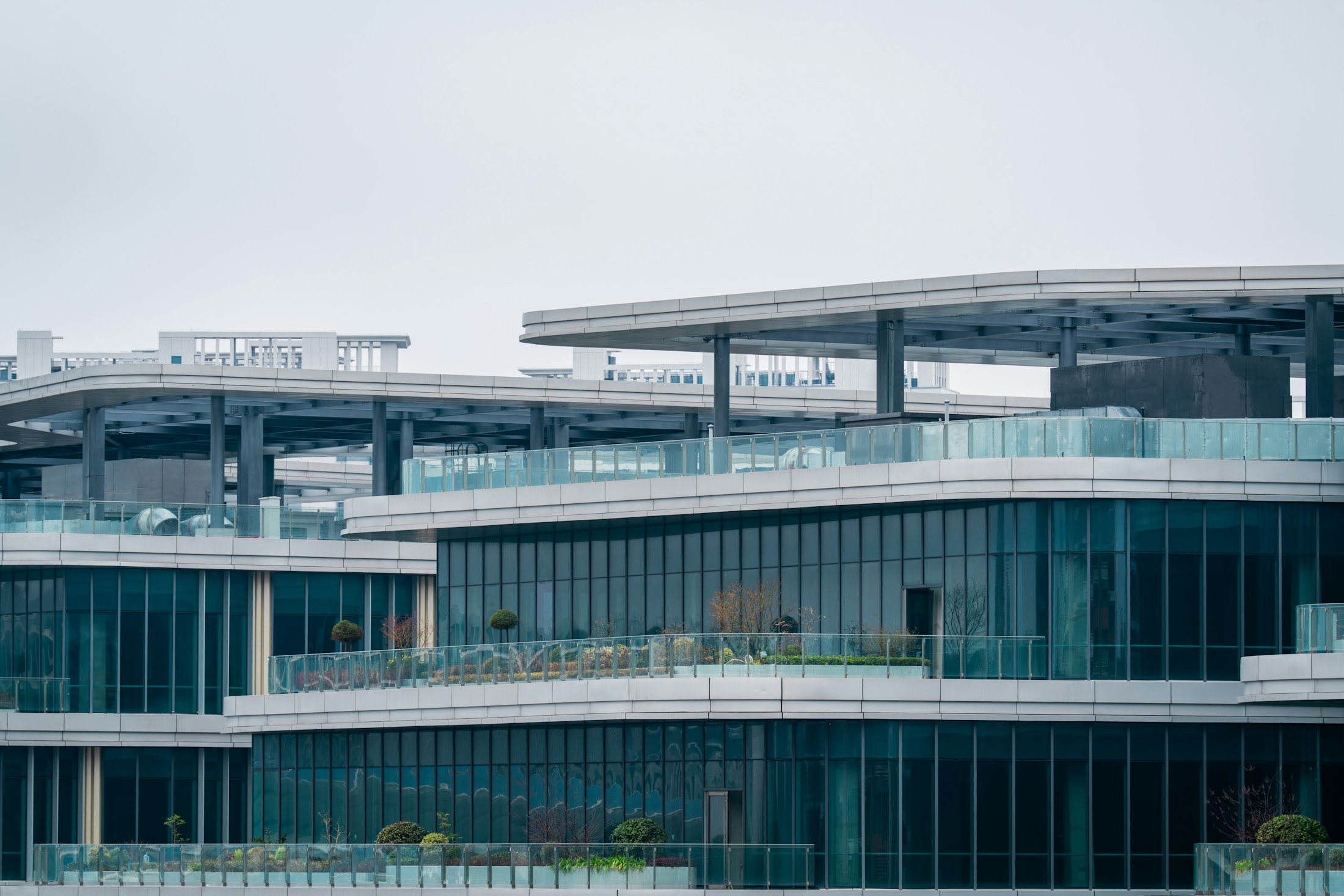 Modern commercial buildings with expansive glass facades